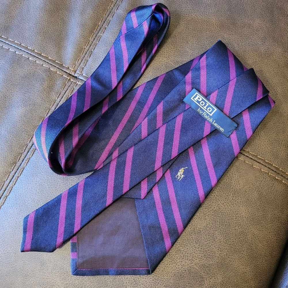 Polo Ralph Lauren 100% Silk Tie Navy Purple Stripes Preppy Designer Business